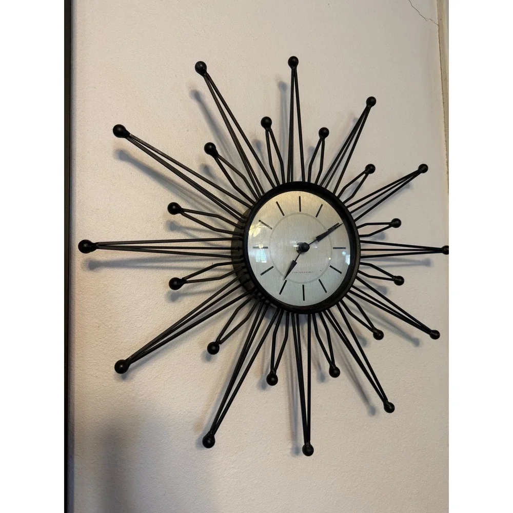 Sterling & Noble Black Starburst Wall Clock Mid Century Modern 18 Inch Retro